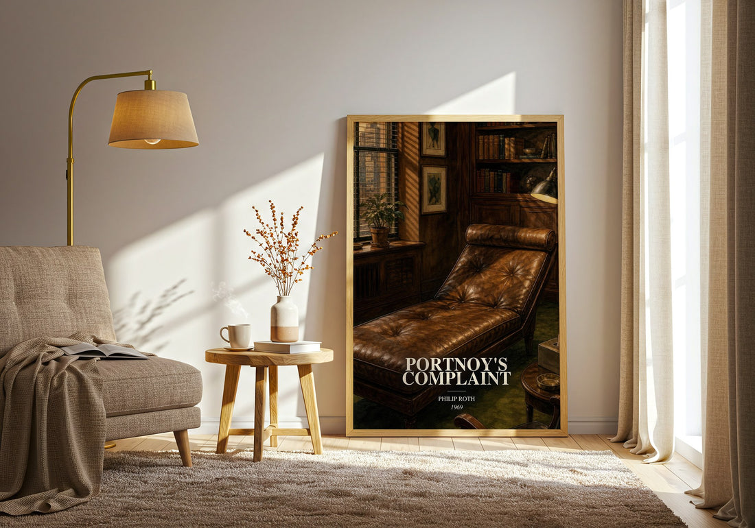 Portnoy's Complaint watercolour print in frame leaning in hallway – literary fiction wall art (mockup)