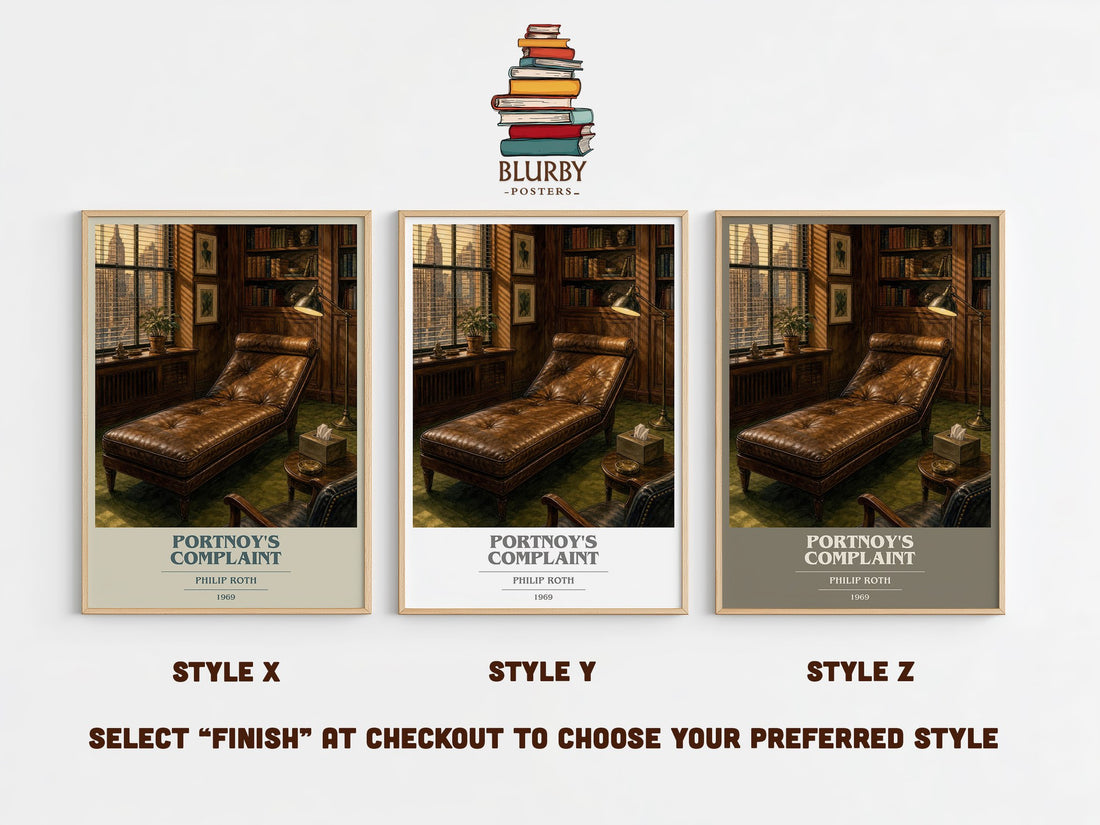 Portnoy's Complaint book cover print in frame leaning in hallway – literary fiction wall art (mockup)