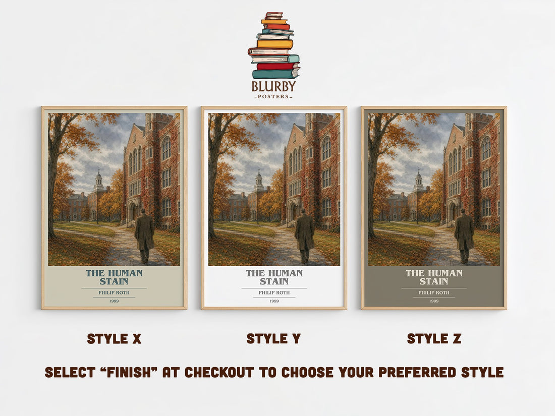 The Human Stain book cover print in frame leaning in hallway – literary fiction wall art (mockup)