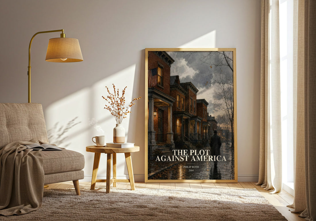 The Plot Against America watercolour print in frame leaning in hallway – historical fiction wall art (mockup)