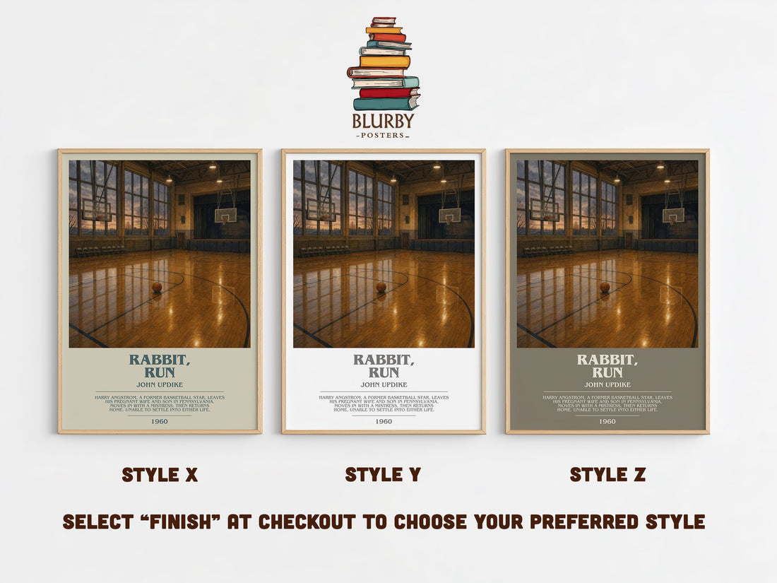 Rabbit, Run bookish print in frame leaning in hallway – literary fiction wall art (mockup)