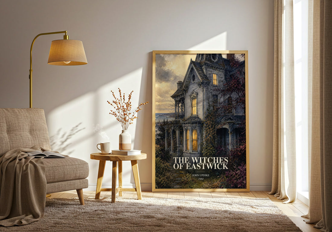 The Witches of Eastwick watercolour print in frame leaning in hallway – literary fiction wall art (mockup)