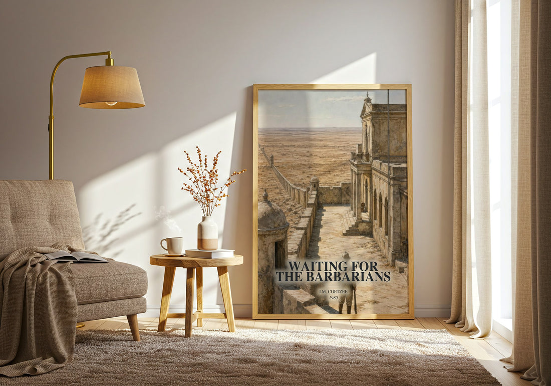 Waiting for the Barbarians watercolour print in frame leaning in hallway – literary fiction wall art (mockup)