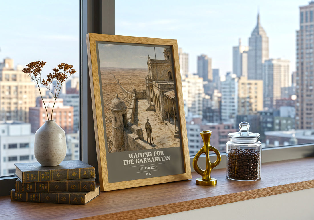 Waiting for the Barbarians book cover print framed by window – literary home decor