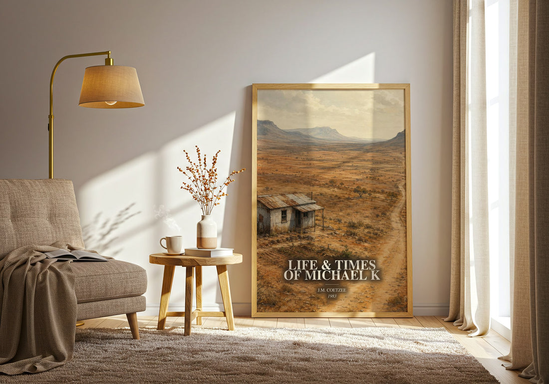Life & Times of Michael K watercolour print in frame leaning in hallway – literary fiction wall art (mockup)