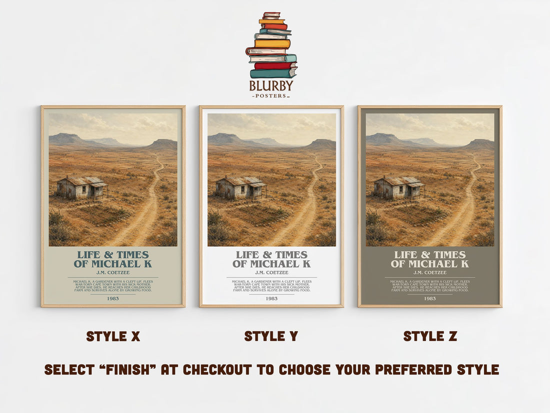Life & Times of Michael K bookish print in frame leaning in hallway – literary fiction wall art (mockup)