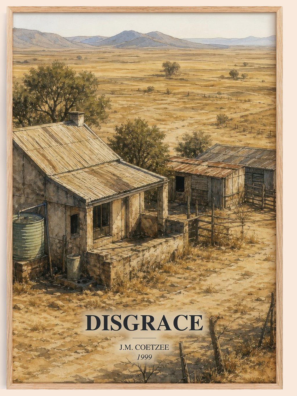 Disgrace watercolour book poster by J.M. Coetzee – framed literary art print