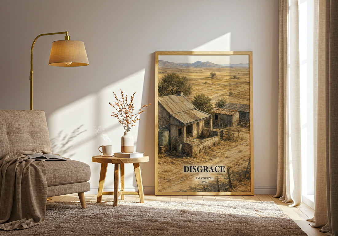 Disgrace watercolour print in frame leaning in hallway – literary fiction wall art (mockup)
