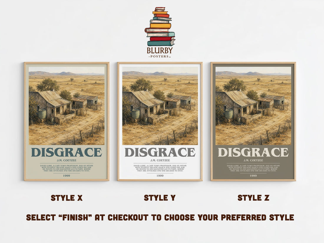 Disgrace bookish print in frame leaning in hallway – literary fiction wall art (mockup)