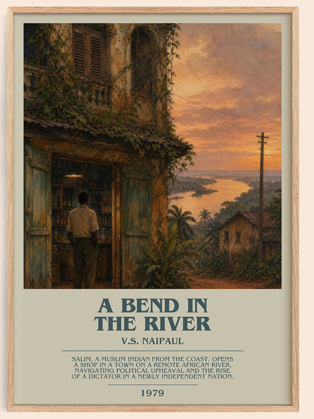 A Bend in the River bookish book poster by V.S. Naipaul – framed literary art print