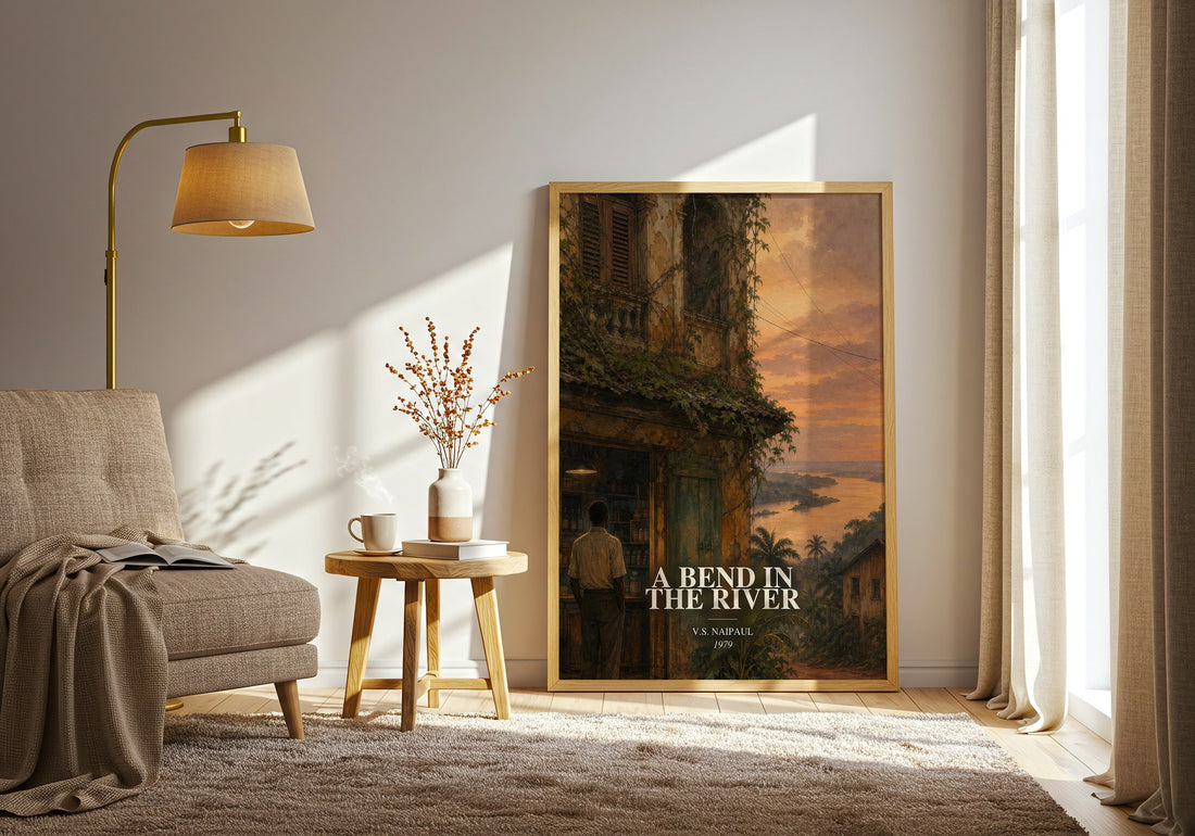 A Bend in the River watercolour print in frame leaning in hallway – literary fiction wall art (mockup)