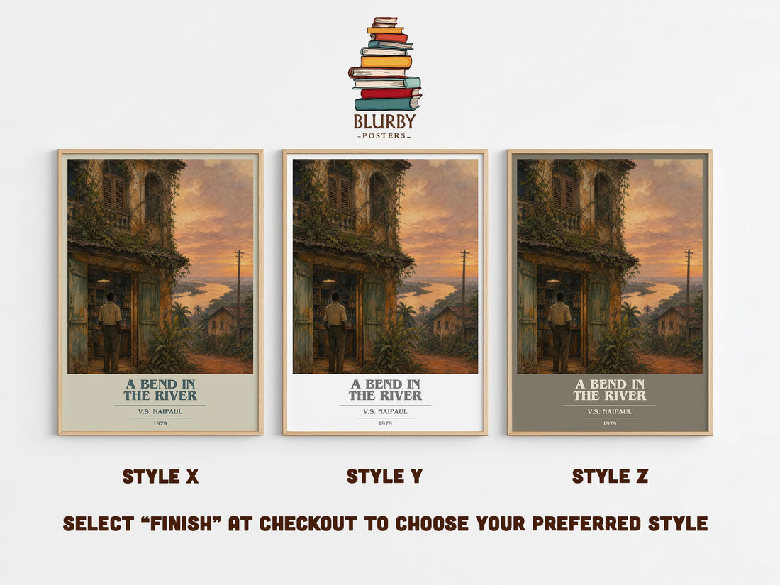 A Bend in the River book cover print in frame leaning in hallway – literary fiction wall art (mockup)