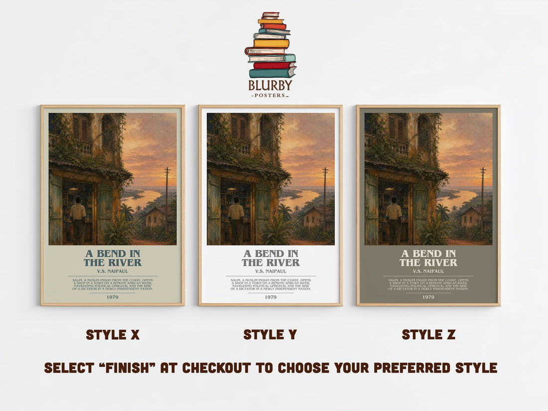 A Bend in the River bookish print in frame leaning in hallway – literary fiction wall art (mockup)