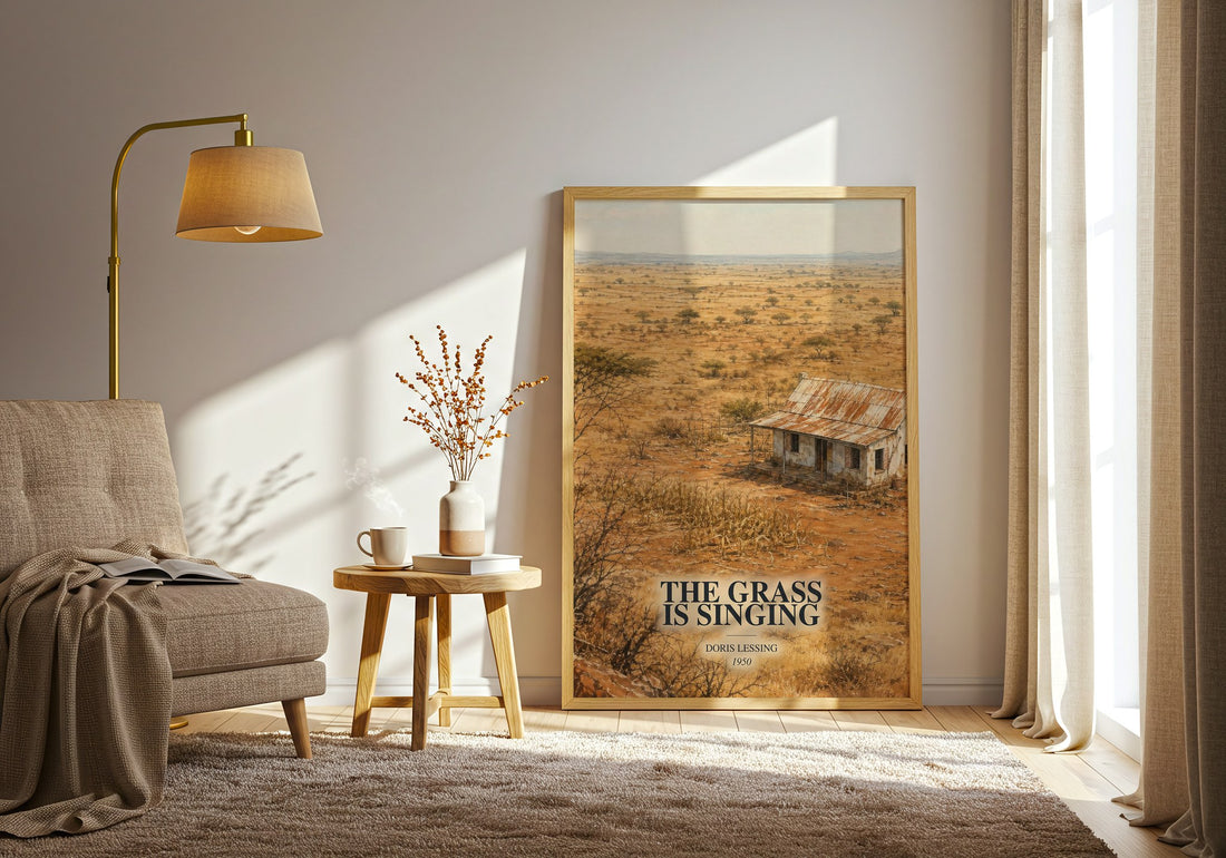 The Grass Is Singing watercolour print in frame leaning in hallway – literary fiction wall art (mockup)