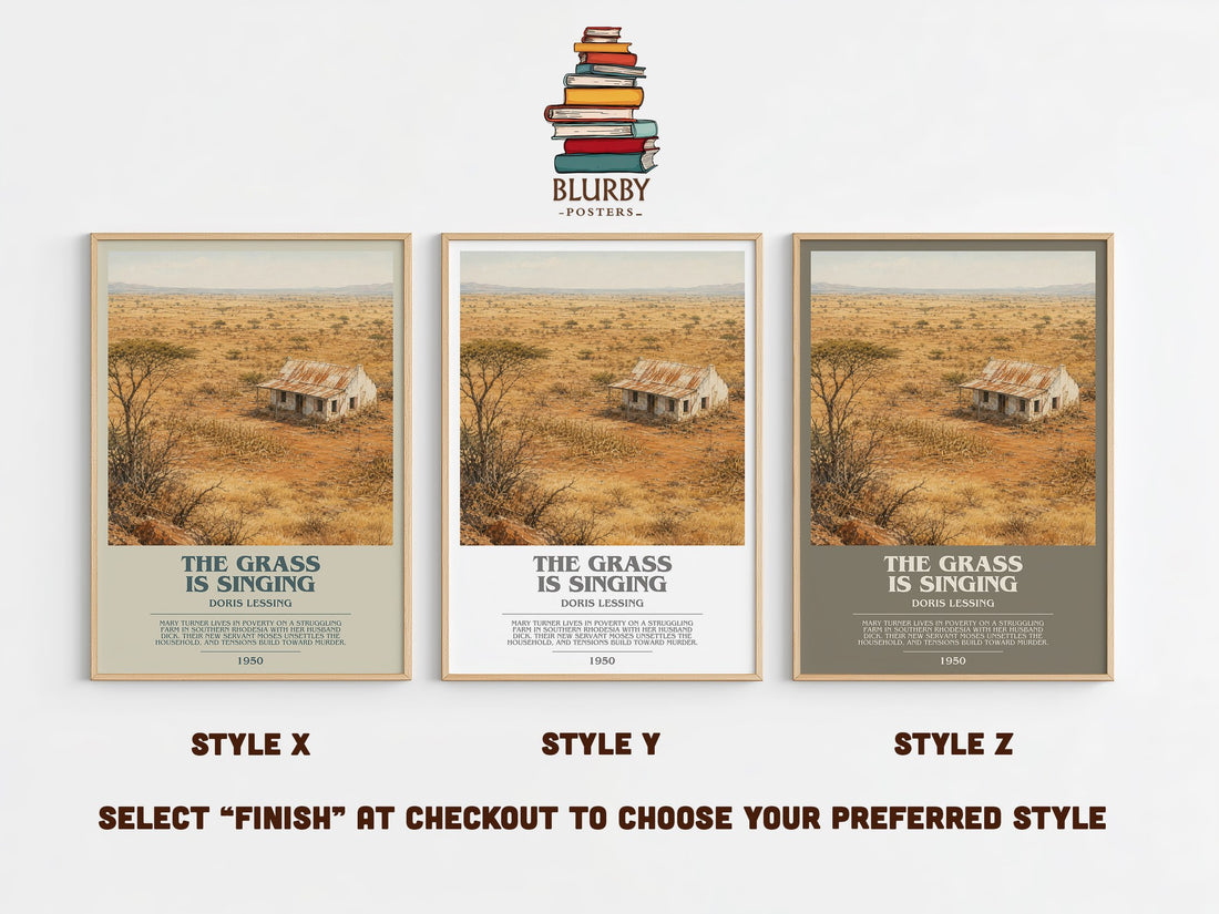 The Grass Is Singing bookish print in frame leaning in hallway – literary fiction wall art (mockup)