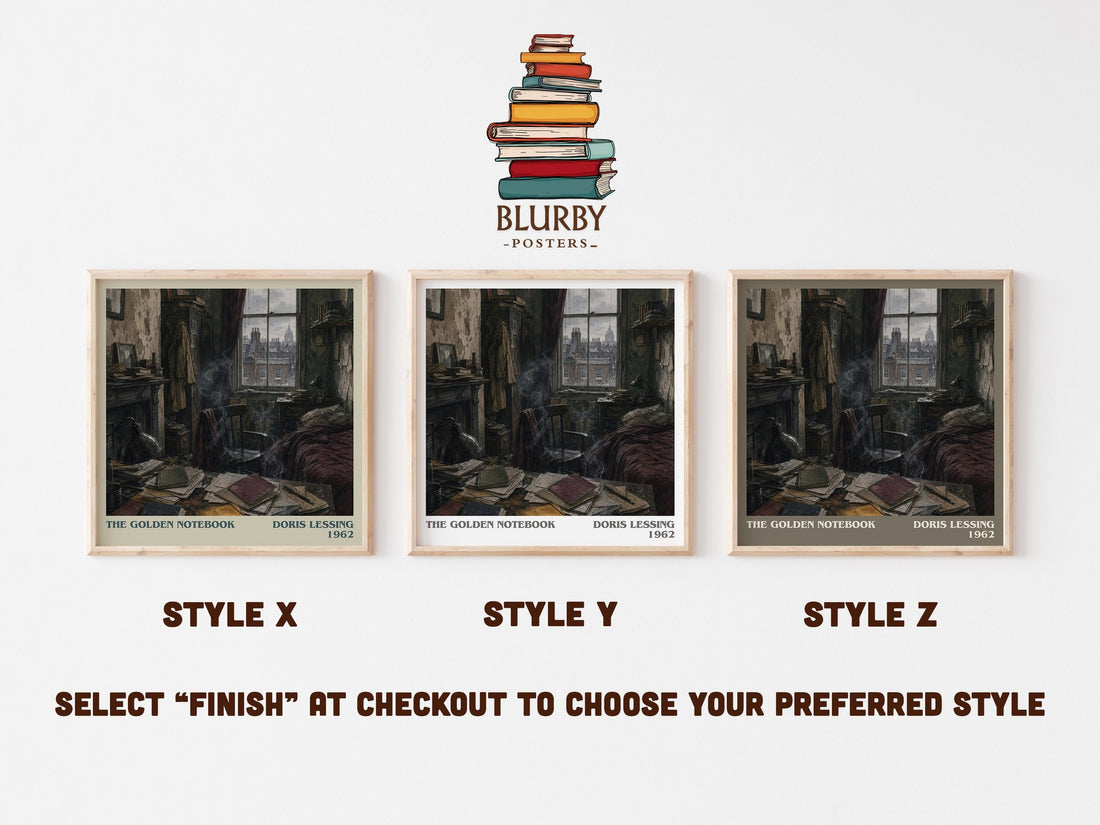 The Golden Notebook literary print in frame leaning in hallway – literary fiction wall art (mockup)