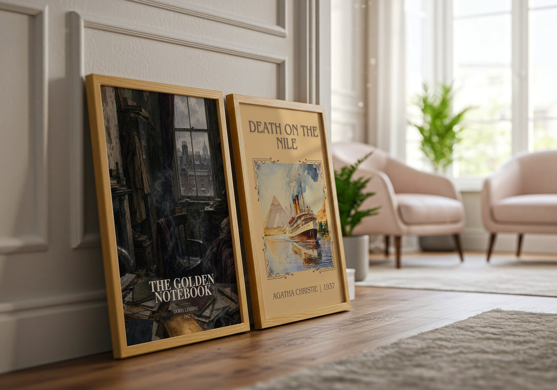 The Golden Notebook watercolour print framed by window – literary home decor