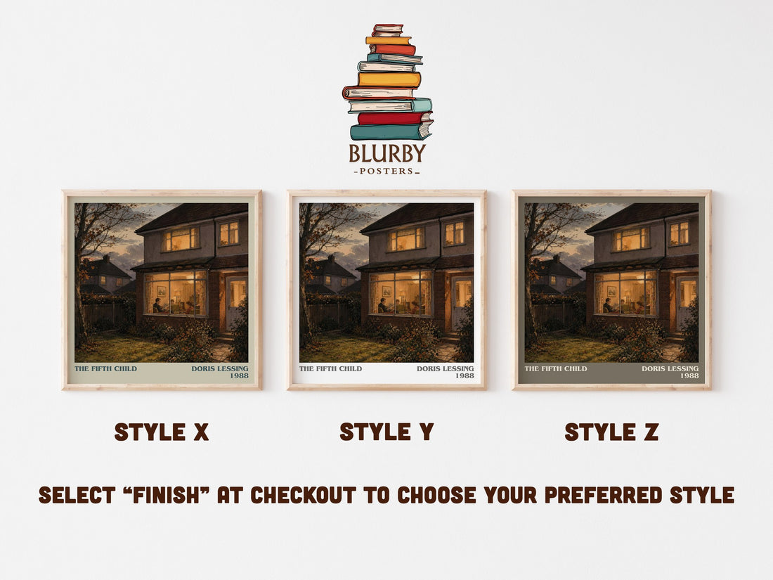 The Fifth Child literary print in frame leaning in hallway – literary fiction wall art (mockup)