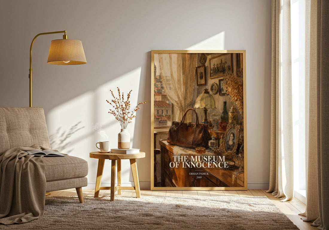 The Museum of Innocence watercolour print in frame leaning in hallway – literary fiction wall art (mockup)