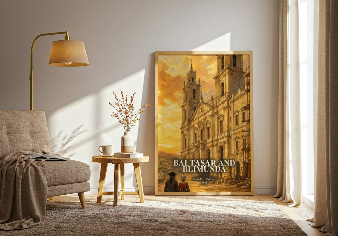 Baltasar and Blimunda watercolour print in frame leaning in hallway – literary fiction wall art (mockup)