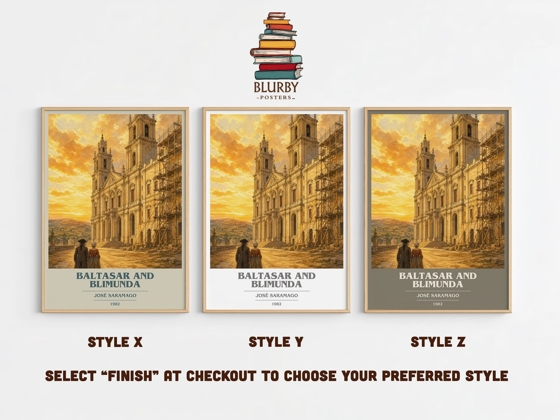 Baltasar and Blimunda book cover print in frame leaning in hallway – literary fiction wall art (mockup)