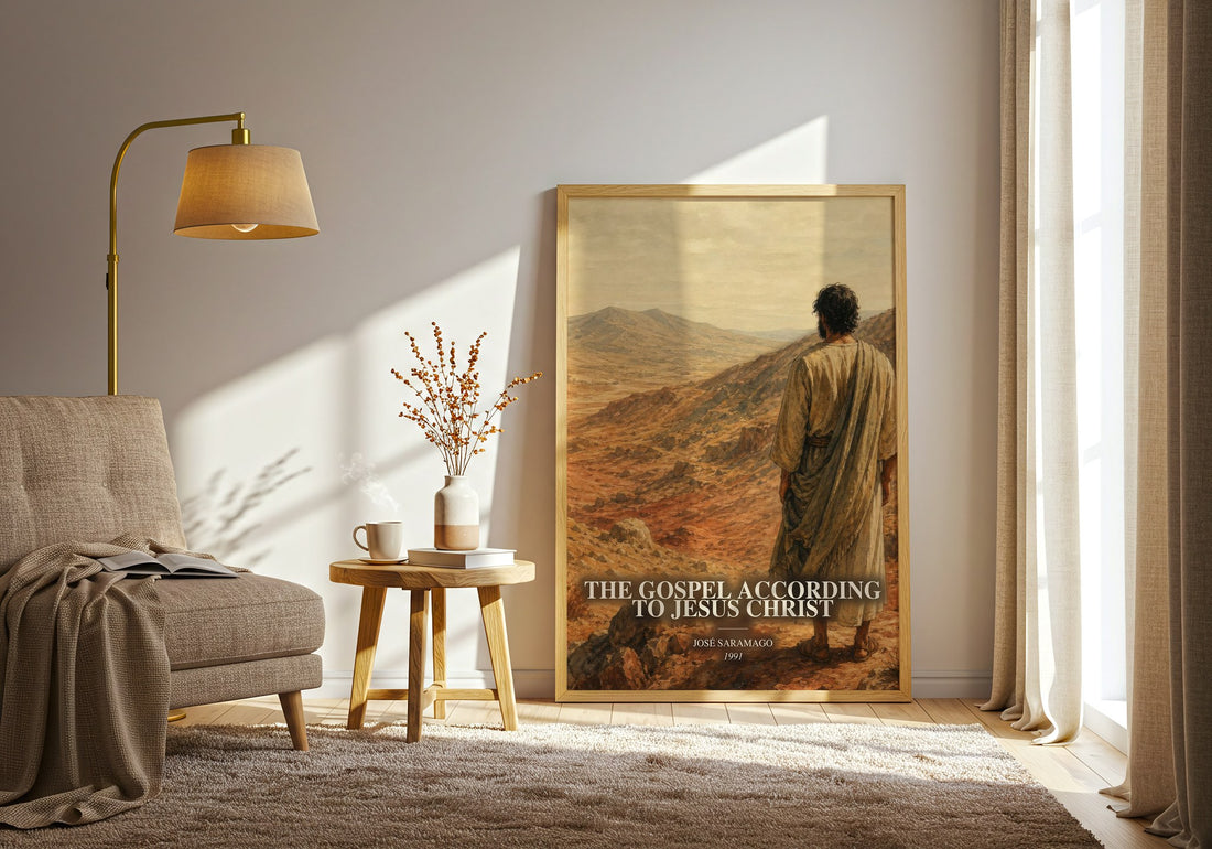The Gospel According to Jesus Christ watercolour print in frame leaning in hallway – literary fiction wall art (mockup)