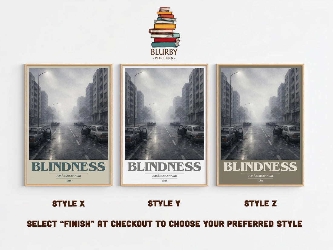 Blindness book cover print in frame leaning in hallway – literary fiction wall art (mockup)