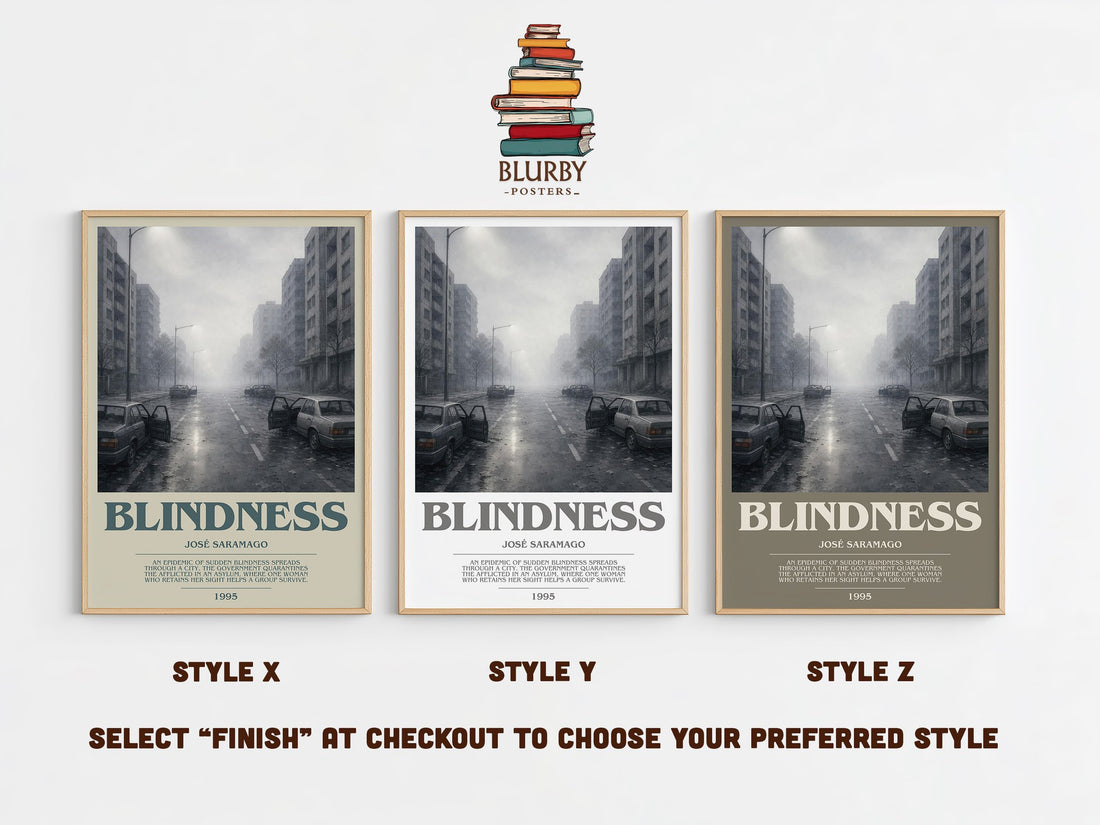 Blindness bookish print in frame leaning in hallway – literary fiction wall art (mockup)