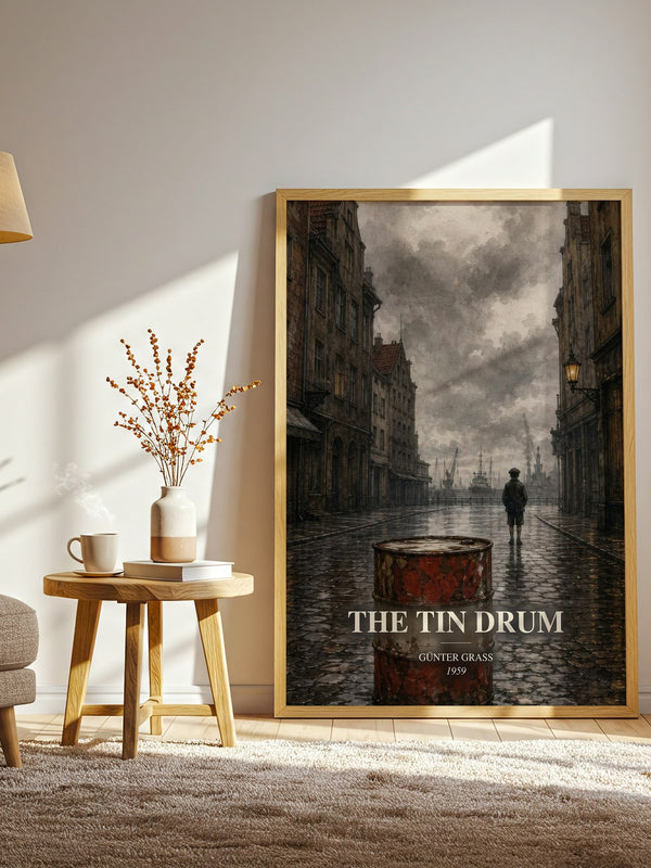 The Tin Drum watercolour print in frame leaning in hallway – literary fiction wall art