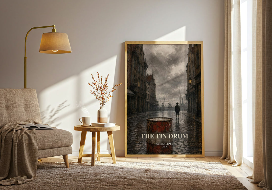 The Tin Drum watercolour print in frame leaning in hallway – literary fiction wall art (mockup)
