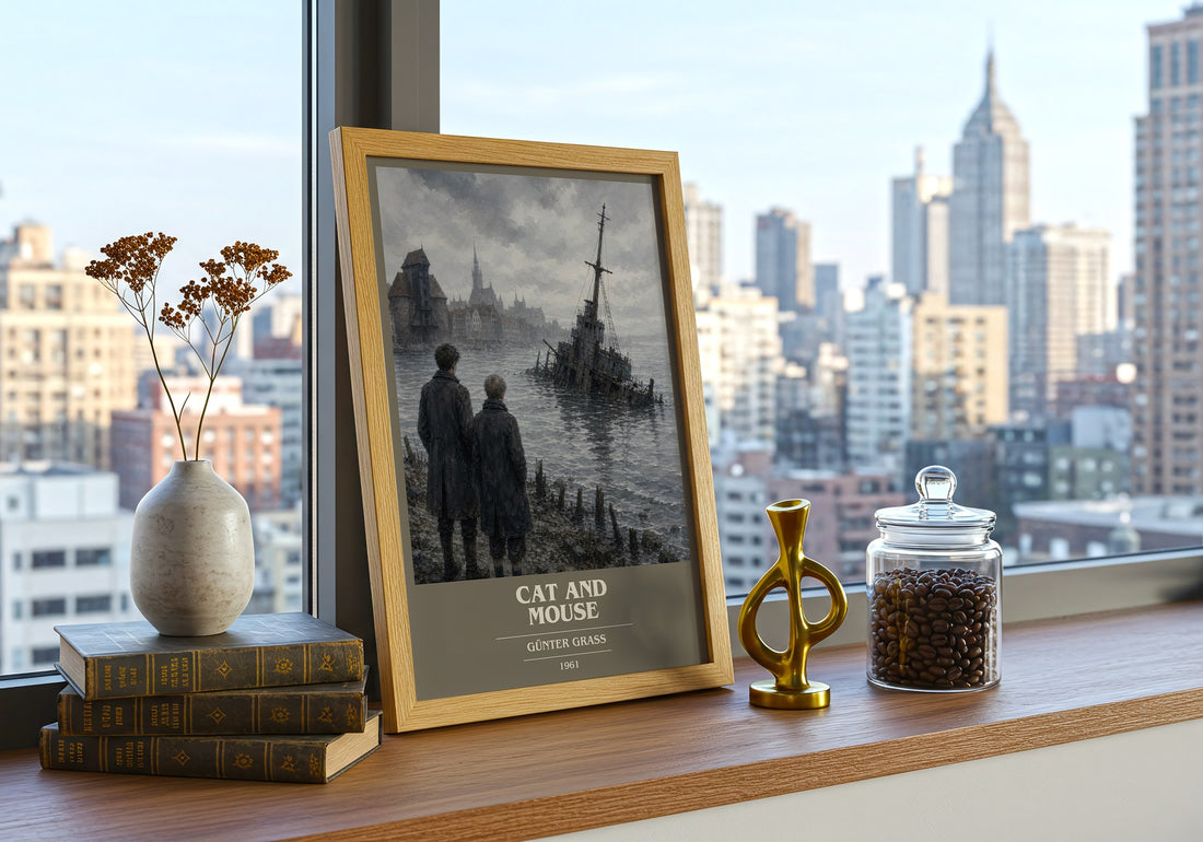 Cat and Mouse book cover print framed by window – literary home decor