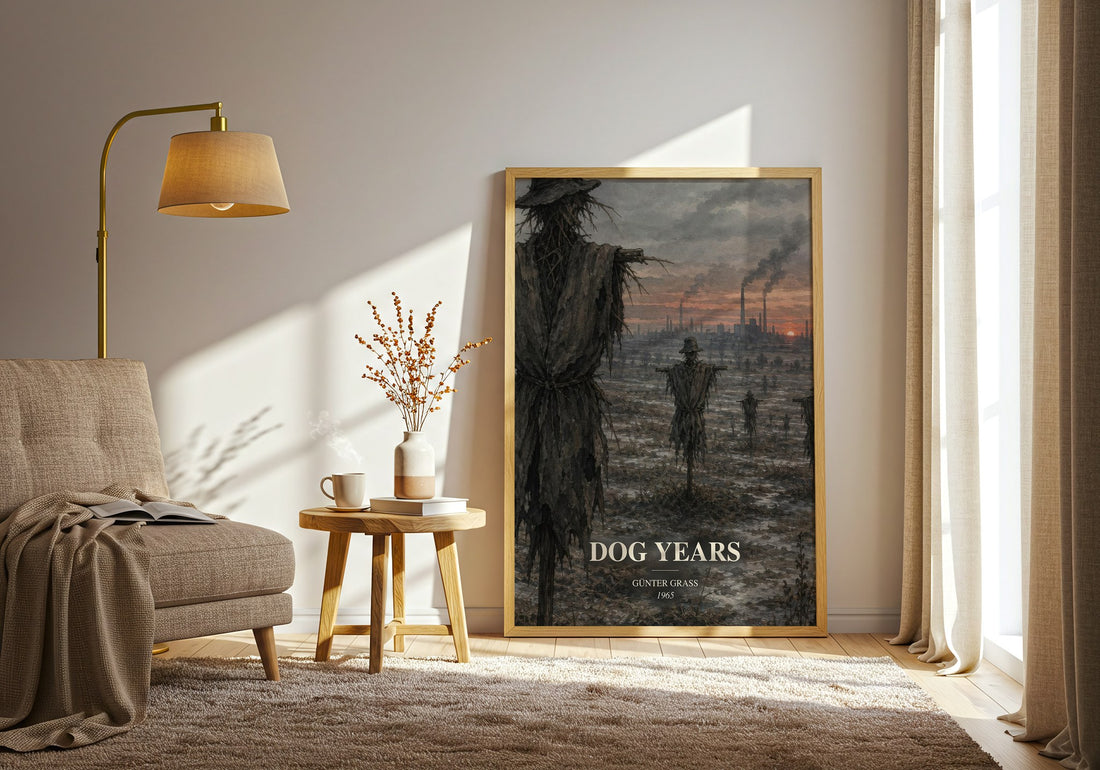 Dog Years watercolour print in frame leaning in hallway – historical fiction wall art (mockup)