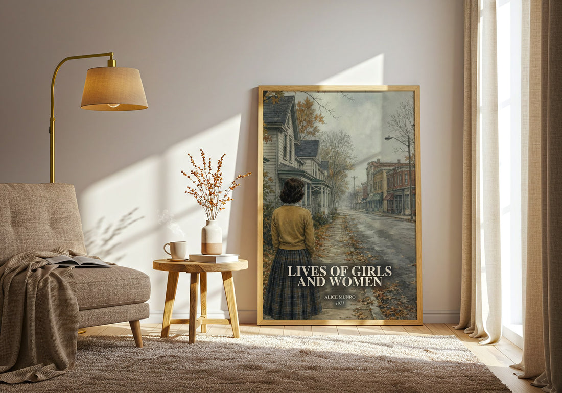 Lives of Girls and Women watercolour print in frame leaning in hallway – coming of age wall art (mockup)