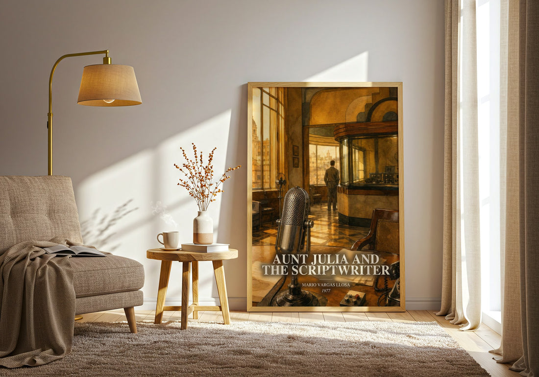 Aunt Julia and the Scriptwriter watercolour print in frame leaning in hallway – literary fiction wall art (mockup)