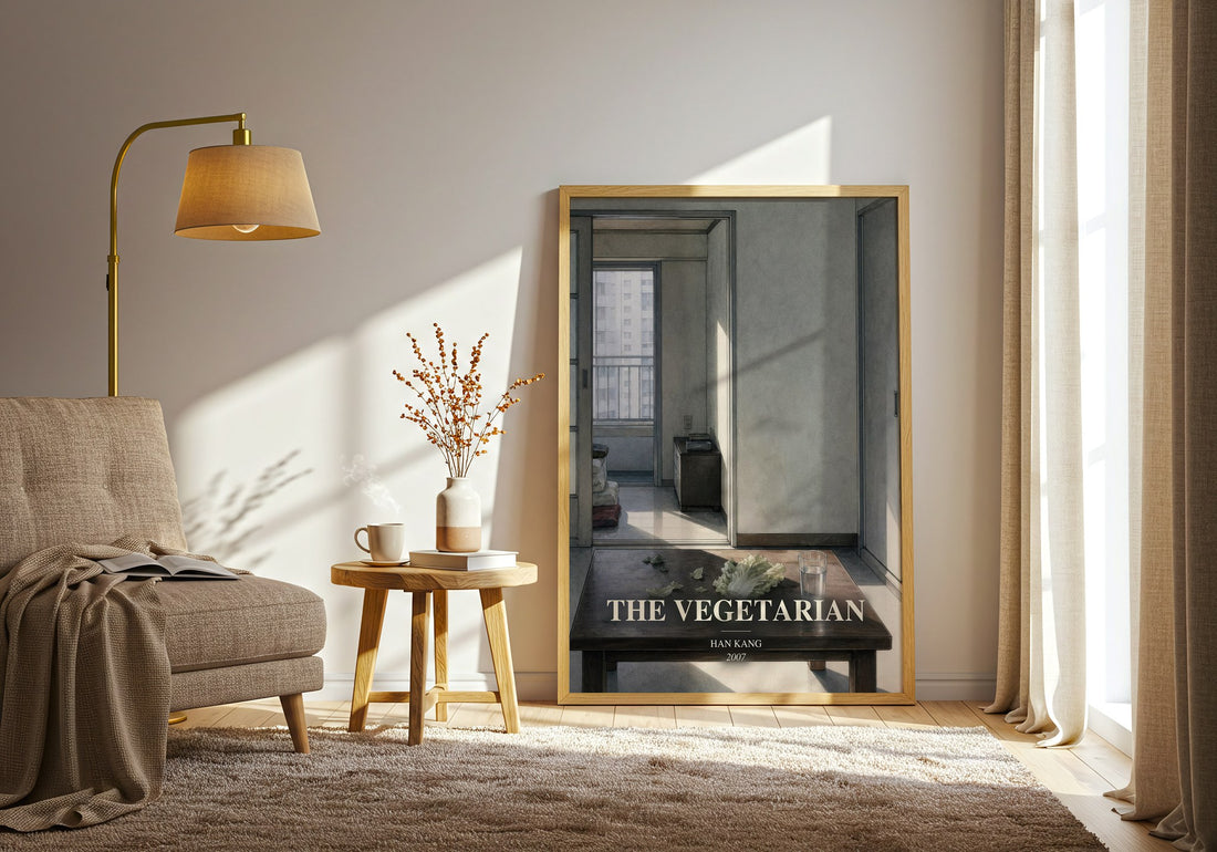 The Vegetarian watercolour print in frame leaning in hallway – literary fiction wall art (mockup)