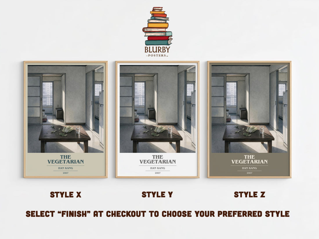 The Vegetarian book cover print in frame leaning in hallway – literary fiction wall art (mockup)