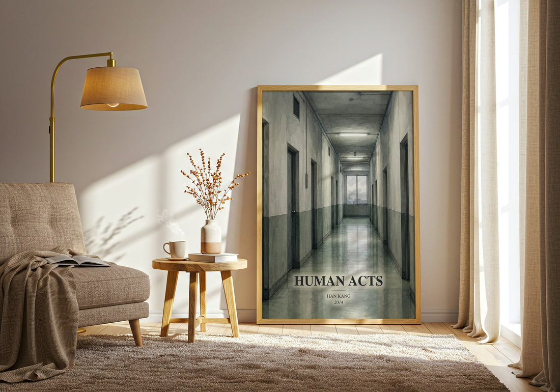 Human Acts watercolour print in frame leaning in hallway – literary fiction wall art (mockup)