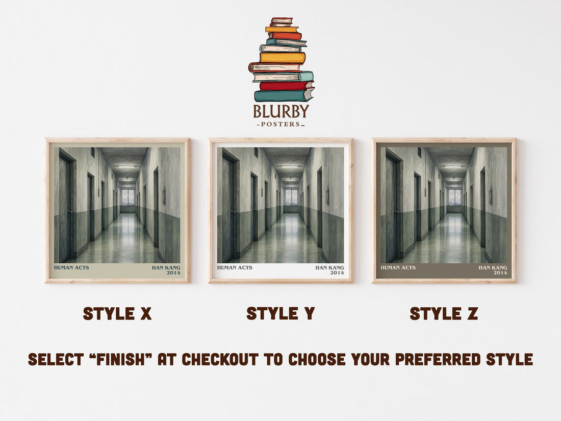 Human Acts literary print in frame leaning in hallway – literary fiction wall art (mockup)