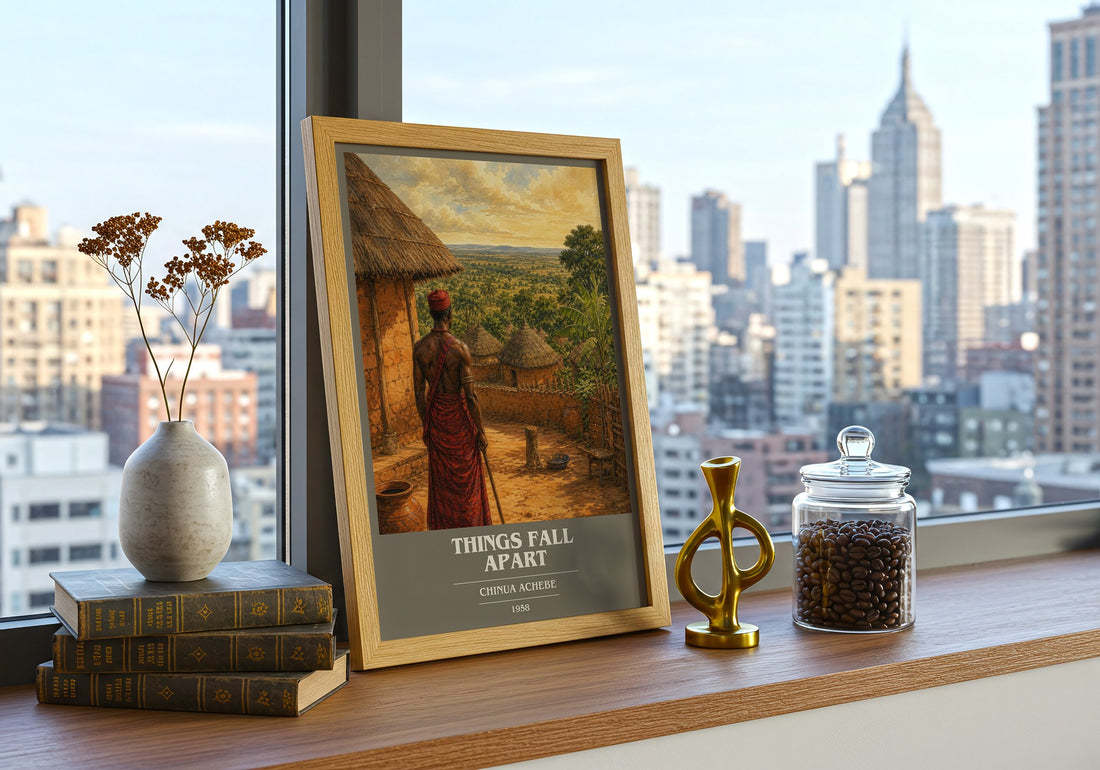 Things Fall Apart book cover print framed by window – literary home decor