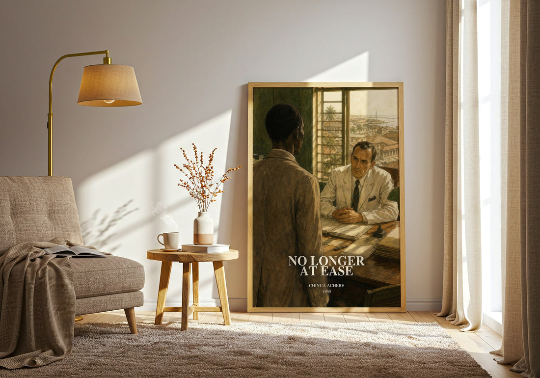 No Longer at Ease watercolour print in frame leaning in hallway – literary fiction wall art (mockup)
