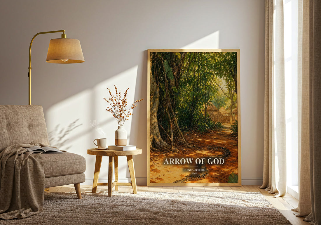 Arrow of God watercolour print in frame leaning in hallway – literary fiction wall art (mockup)