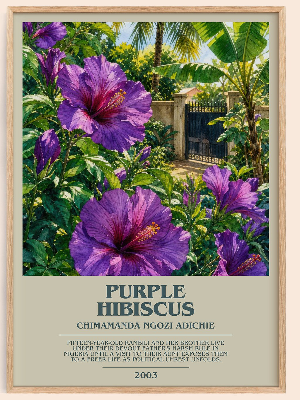 Purple Hibiscus bookish book poster by Chimamanda Ngozi Adichie – framed literary art print