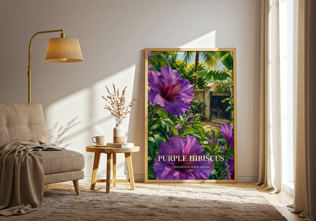 Purple Hibiscus watercolour print in frame leaning in hallway – literary fiction wall art (mockup)