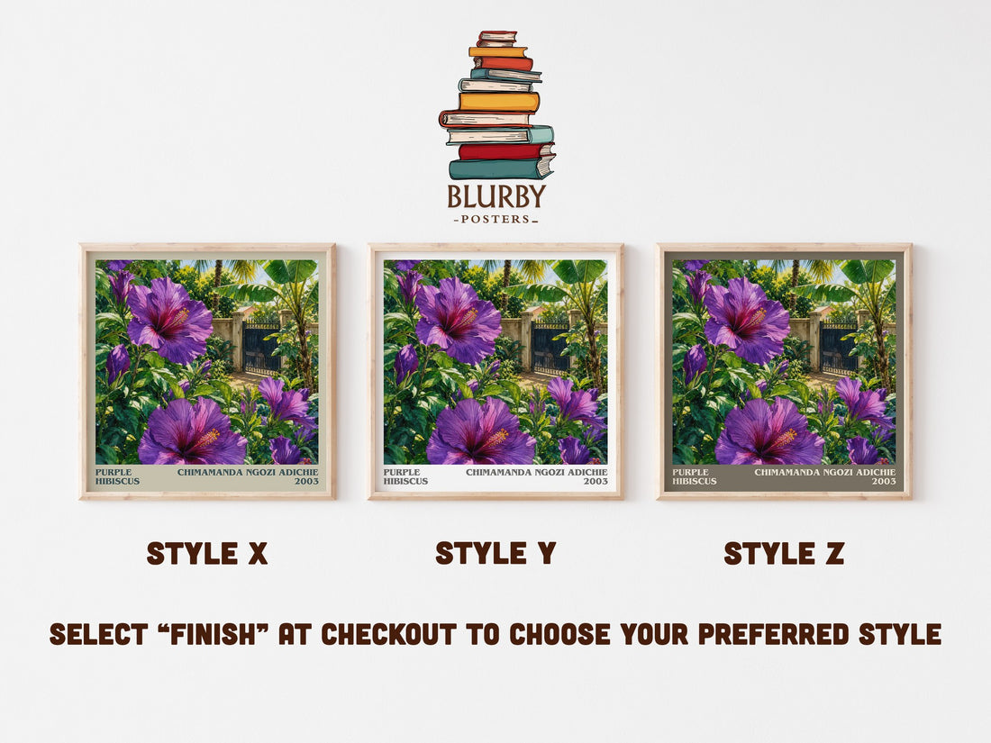 Purple Hibiscus literary print in frame leaning in hallway – literary fiction wall art (mockup)