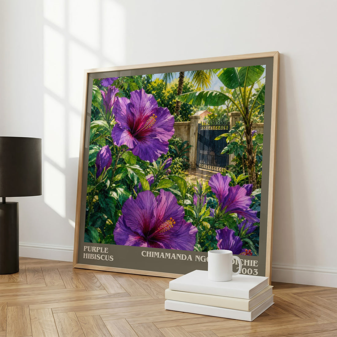 Purple Hibiscus literary print framed by window – literary home decor