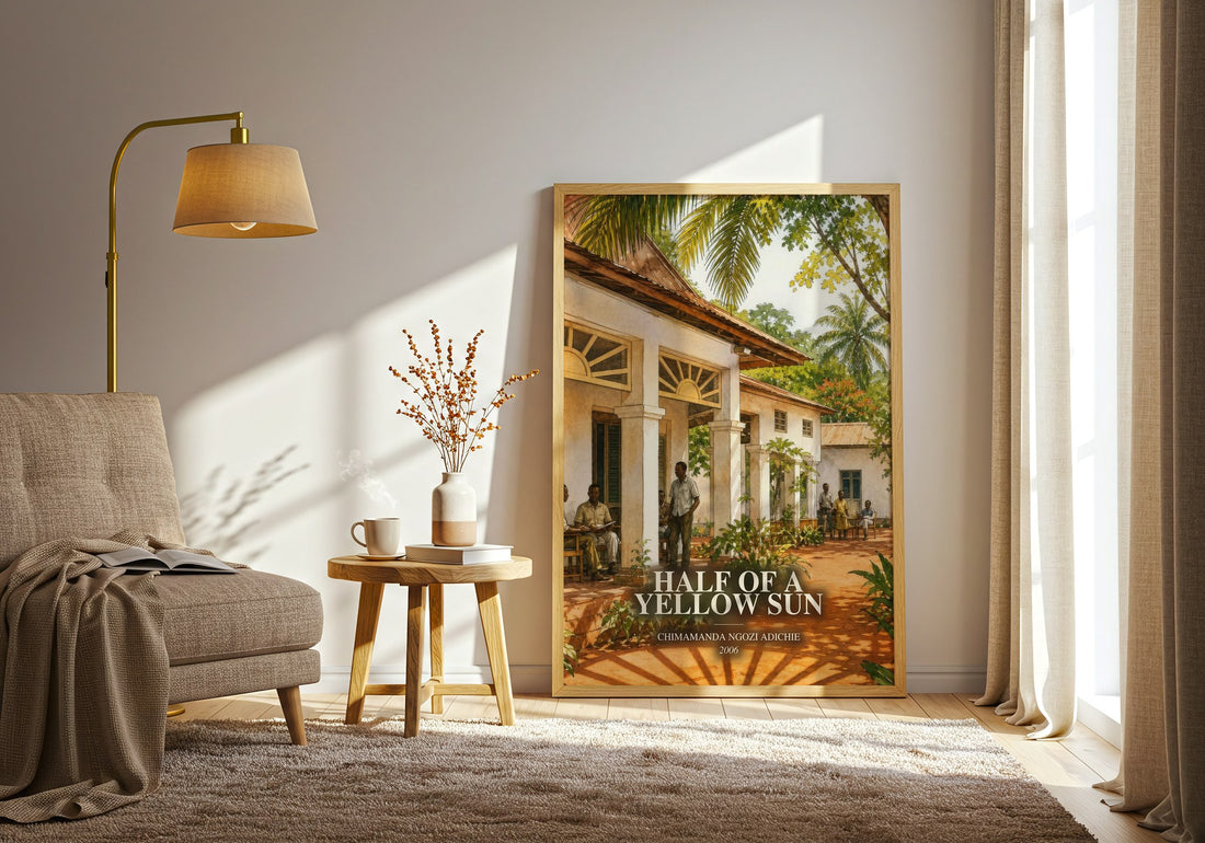 Half of a Yellow Sun watercolour print in frame leaning in hallway – historical fiction wall art (mockup)