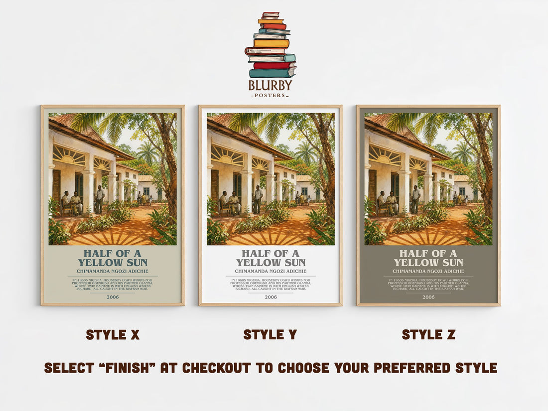 Half of a Yellow Sun bookish print in frame leaning in hallway – historical fiction wall art (mockup)
