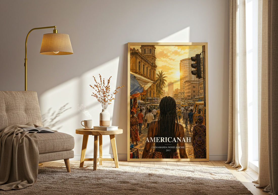 Americanah watercolour print in frame leaning in hallway – contemporary fiction wall art (mockup)