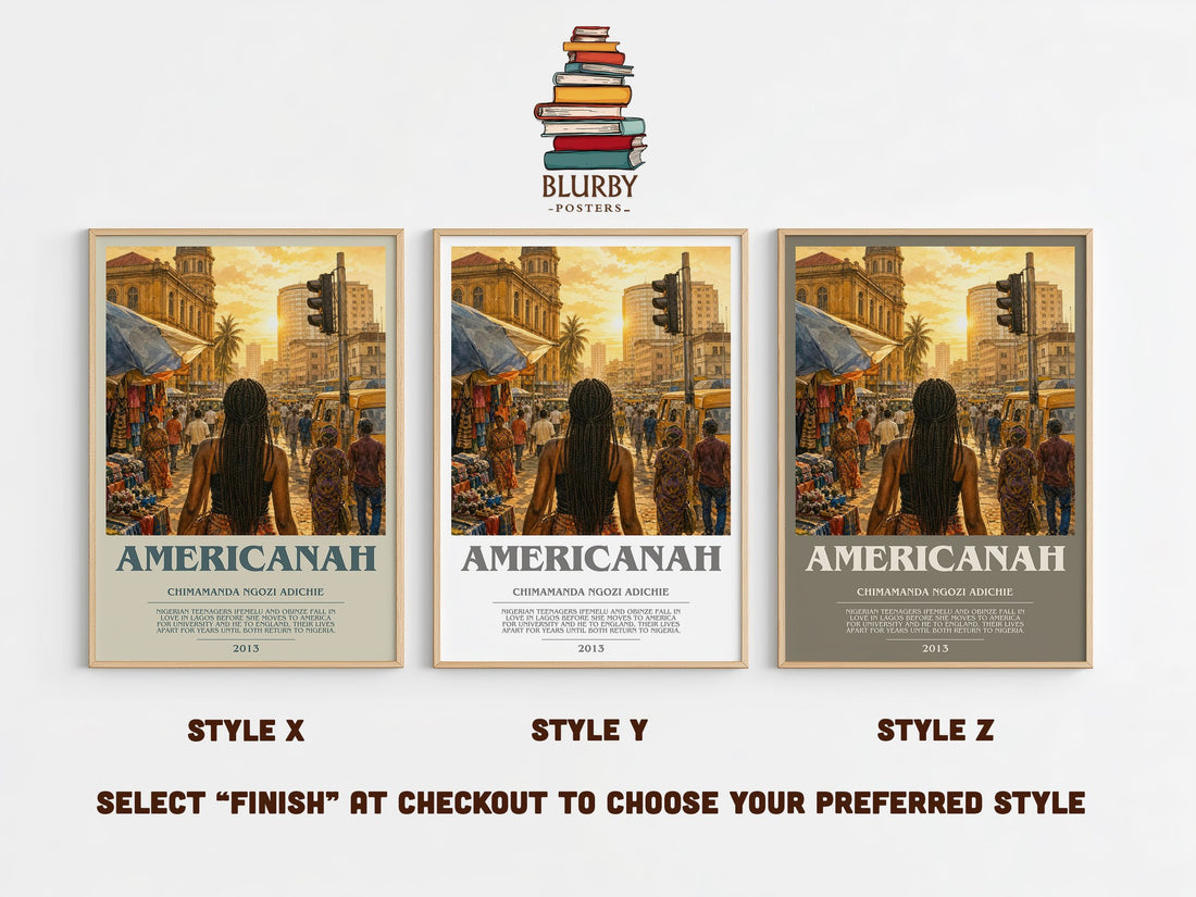 Americanah bookish print in frame leaning in hallway – contemporary fiction wall art (mockup)
