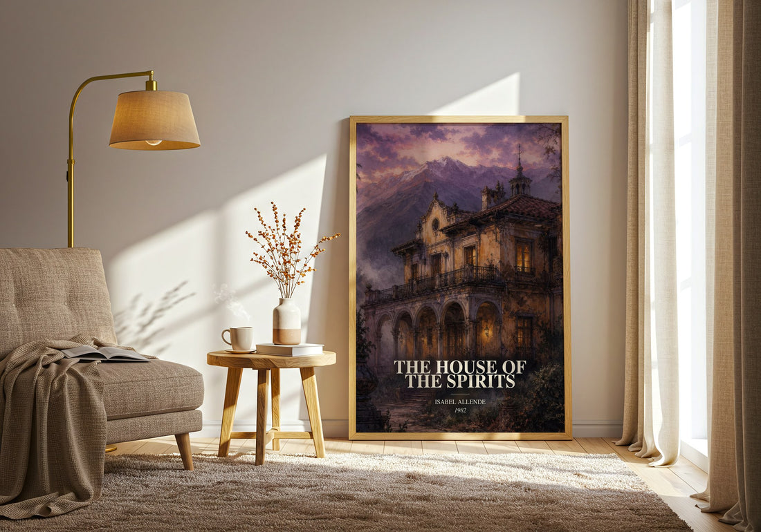The House of the Spirits watercolour print in frame leaning in hallway – literary fiction wall art (mockup)